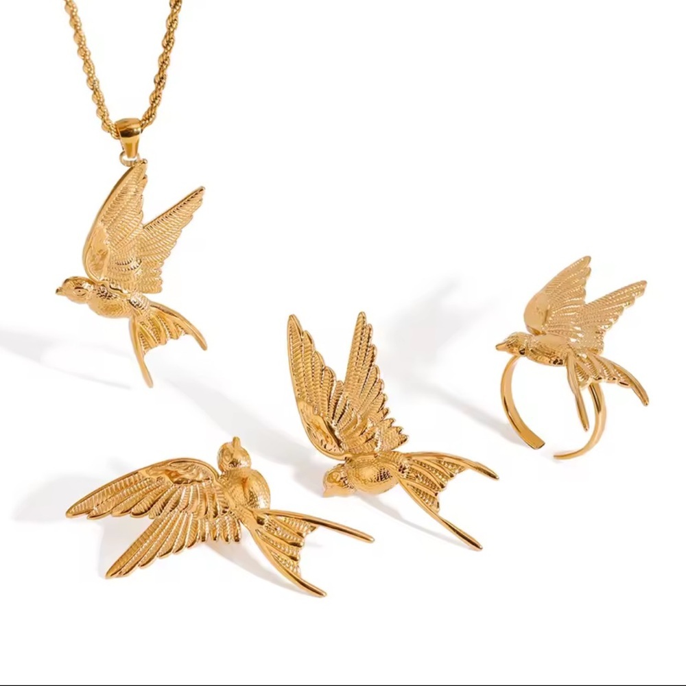 Swallow Peace Bird 18k Gold Stainless Steel Ring, Earrings, Necklace Set - Picture 3 of 17